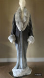 silver velvet-robe/evening coat-old Hollywood glamour robe-cocoon coat-faux fur trim-1930s