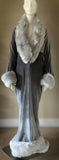 silver velvet-robe/evening coat-old Hollywood glamour robe-cocoon coat-faux fur trim-1930s