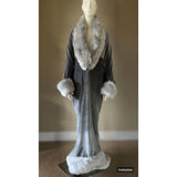 silver velvet-robe/evening coat-old Hollywood glamour robe-cocoon coat-faux fur trim-1930s