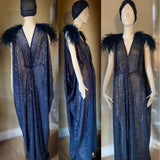 Grecian Goddess Gown- navy sheer sequin mesh with ostrich trim-red carpet gown