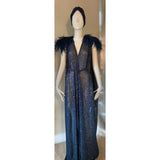 Grecian Goddess Gown- navy sheer sequin mesh with ostrich trim-red carpet gown