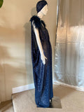 Grecian Goddess Gown- navy sheer sequin mesh with ostrich trim-red carpet gown