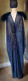 Grecian Goddess Gown- navy sheer sequin mesh with ostrich trim-red carpet gown