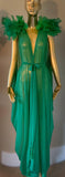 Grecian Goddess Sheer Emerald Gown, feather trim,Bridal,burlesque,drag,gift,custom handmade evening gown,red carpet handmade gown