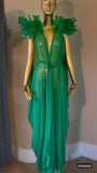 Grecian Goddess Sheer Emerald Gown, feather trim,Bridal,burlesque,drag,gift,custom handmade evening gown,red carpet handmade gown