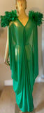 Grecian Goddess Sheer Emerald Gown, feather trim,Bridal,burlesque,drag,gift,custom handmade evening gown,red carpet handmade gown