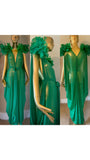 Grecian Goddess Sheer Emerald Gown, feather trim,Bridal,burlesque,drag,gift,custom handmade evening gown,red carpet handmade gown