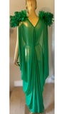 Grecian Goddess Sheer Emerald Gown, feather trim,Bridal,burlesque,drag,gift,custom handmade evening gown,red carpet handmade gown