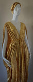 Gold Velvet Grecian Goddess Gown with Turban-Handmade-special occasion crushed velvet gown