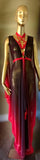 Grecian Goddess Gown with cage harness in sheer black and red mesh,burlesque,drag,handmade evening gown,red ,festival wear,fetish,vampire