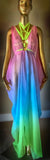 Grecian Goddess Gown with cage harness in rainbow colors,burlesque,drag,gift,handmade evening gown,festival wear,fetish