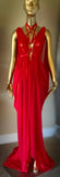 Grecian Goddess Gown with cage harness sheer mesh red,burlesque,drag,vampire gown, handmade evening gown,red carpet,Halloween vampire gown