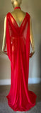 Grecian Goddess Gown with cage harness sheer mesh red,burlesque,drag,vampire gown, handmade evening gown,red carpet,Halloween vampire gown