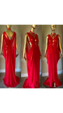 Grecian Goddess Gown with cage harness sheer mesh red,burlesque,drag,vampire gown, handmade evening gown,red carpet,Halloween vampire gown