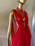 Grecian Goddess Gown with cage harness sheer mesh red,burlesque,drag,vampire gown, handmade evening gown,red carpet,Halloween vampire gown