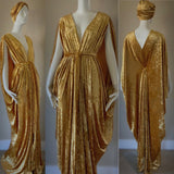 Gold Velvet Grecian Goddess Gown with Turban-Handmade-special occasion crushed velvet gown