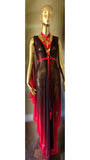 Grecian Goddess Gown with cage harness in sheer black and red mesh,burlesque,drag,handmade evening gown,red ,festival wear,fetish,vampire