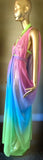 Grecian Goddess Gown with cage harness in rainbow colors,burlesque,drag,gift,handmade evening gown,festival wear,fetish