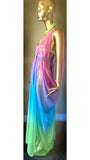 Grecian Goddess Gown with cage harness in rainbow colors,burlesque,drag,gift,handmade evening gown,festival wear,fetish