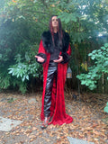 Halloween robe red Velvet spiderweb pattern- Full length robe-faux fur collar-burlesque-Halloween