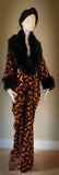 Halloween robe black Velvet orange bat pattern- Full length robe-faux fur collar-burlesque-Halloween