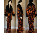 Halloween robe black Velvet orange bat pattern- Full length robe-faux fur collar-burlesque-Halloween