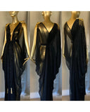 goddess gown in black trans velvet with black chiffon accent layer, rhinestone appliqués