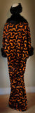 Halloween robe black Velvet orange bat pattern- Full length robe-faux fur collar-burlesque-Halloween