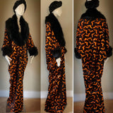 Halloween robe black Velvet orange bat pattern- Full length robe-faux fur collar-burlesque-Halloween