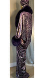 Velvet metallic robe-faux fur,dramatic plum and silver gilded metallic velvet,handmade in USA-evening wear-gift