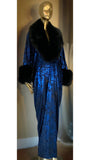 Velvet metallic robe-faux fur,dramatic royal blue metallic black velvet,handmade in USA-evening wear-gift