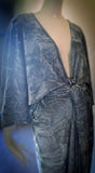 Crushed ice blue Velvet Gown-Art Deco-Old Hollywood-Angel wing sleeves-rhinestone butterfly detail-sash belt
