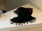 Stylish and luxurious black velvet and hot pink sequin scarf and hat set