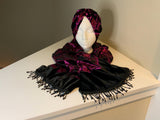 Stylish and luxurious black velvet and hot pink sequin scarf and hat set