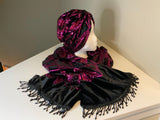 Stylish and luxurious black velvet and hot pink sequin scarf and hat set