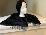 Stylish luxurious black velvet and red sequin scarf and hat set.