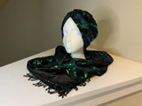 Stylish luxurious black velvet and emerald green sequin scarf and hat set.