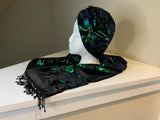 Stylish luxurious black velvet and emerald green sequin scarf and hat set.