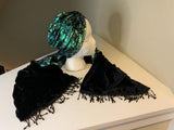 Chic and elegant hat and scarf set- luxurious gilded green and black velvet scarf and hat set.