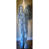 Crushed ice blue Velvet Gown-Art Deco-Old Hollywood-Angel wing sleeves-rhinestone butterfly detail-sash belt
