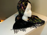 Stylish luxurious black velvet and sequin scarf and hat set.