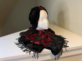 Stylish luxurious black velvet and red sequin scarf and hat set.