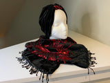 Stylish luxurious black velvet and red sequin scarf and hat set.