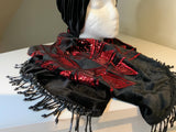 Stylish luxurious black velvet and red sequin scarf and hat set.