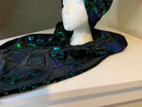 Stylish luxurious black velvet and emerald green sequin scarf and hat set.