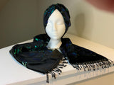 Stylish luxurious black velvet and emerald green sequin scarf and hat set.