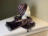 Chic and elegant hat and scarf set- luxurious gilded plum and silver velvet scarf and hat set.