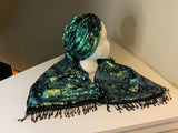 Chic and elegant hat and scarf set- luxurious gilded green and black velvet scarf and hat set.