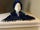 Chic and elegant headband and scarf set- luxurious gilded blue and black velvet scarf and headband set.