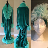 Mint Velvet 1920’s-Old Hollywood style-mint green velvet- Full length robe and turban set-faux fur trim-glamour robe-gift-handmade robe